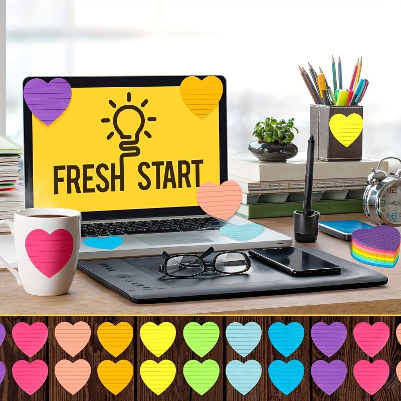 8pcs Heart-Shaped Lined Sticky Notes - Vibrant Colorful Reminders for Valentines Day, Office, School - Self-Adhesive Memo Pads with Strong Sticking Power