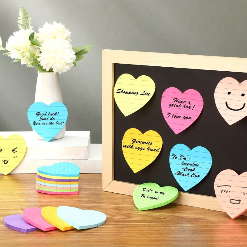 8pcs Heart-Shaped Lined Sticky Notes - Vibrant Colorful Reminders for Valentines Day, Office, School - Self-Adhesive Memo Pads with Strong Sticking Power