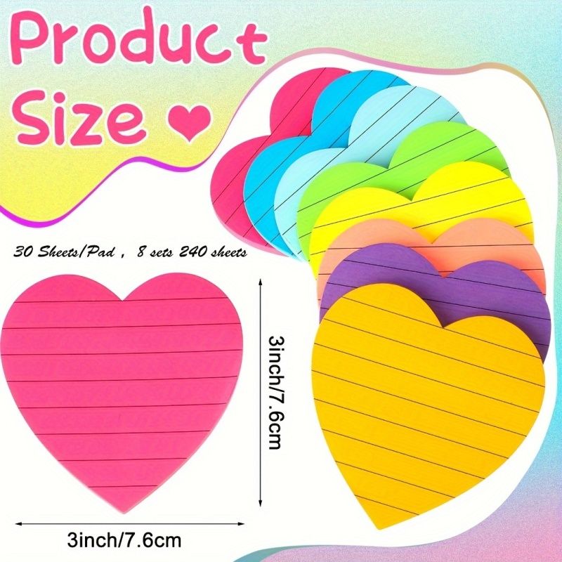 8pcs Heart-Shaped Lined Sticky Notes - Vibrant Colorful Reminders for Valentines Day, Office, School - Self-Adhesive Memo Pads with Strong Sticking Power