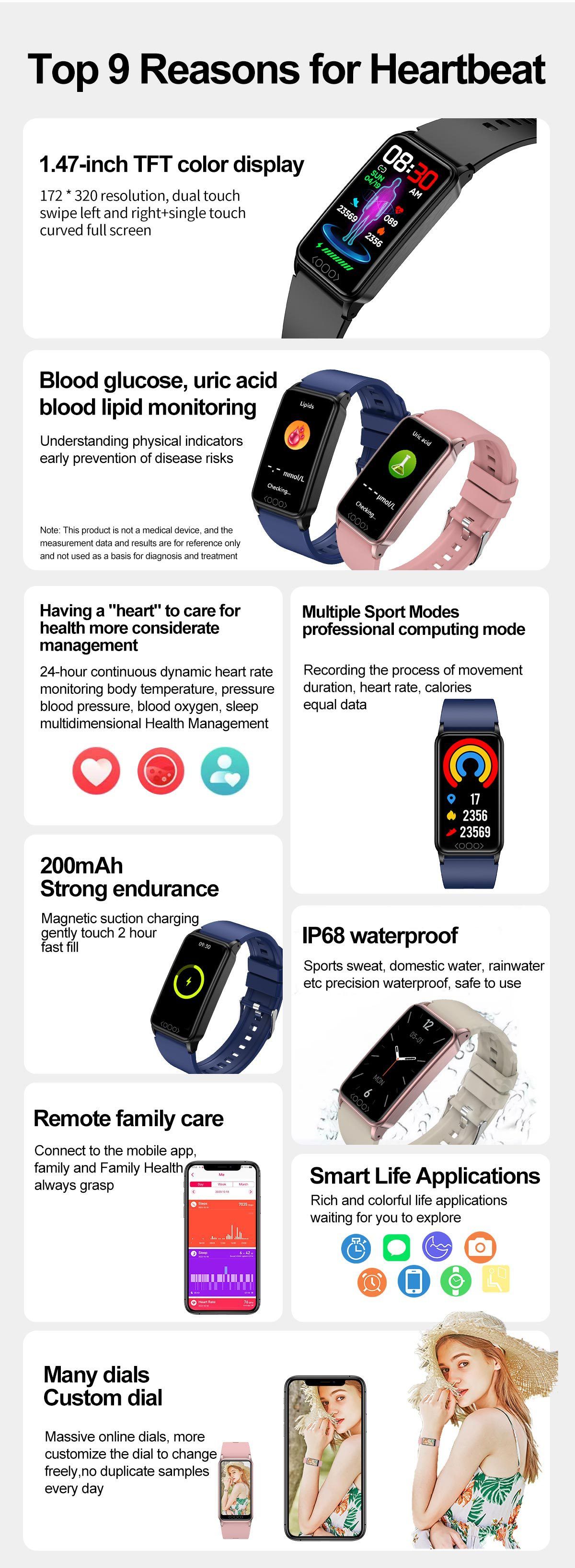 Men's and Women's Smart Watch New TK71pro Smart Watch 1.47inch Blood Sugar Blood Lipid Uric Acid Body Temperature Pressure Blood Oxygen Monitoring Sleep Smartwatches Waterproof Sports Smart Watch Kids