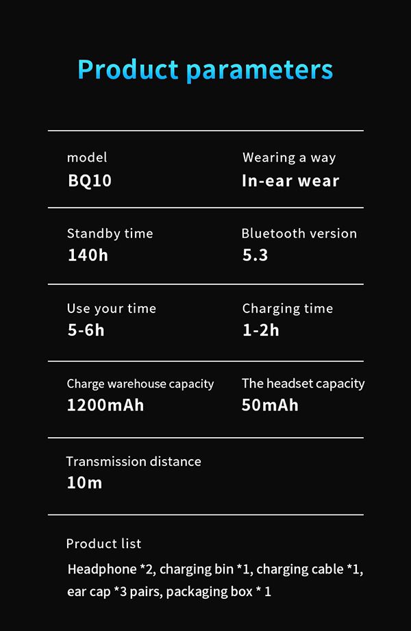 Wireless Earphone Bluetooth 5.3 HiFi sound noise reduction long battery life fingerprint touch binaural mode comfortable wearing magnetic charging automatic reconnection Bluetooth Headset Earbuds BQ10