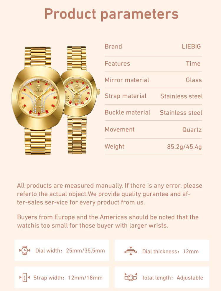 LIEBIG Fashion Couple Watch Quartz Watch Waterproof Stainless Steel Original Watches luxury Men Watch Women Wrist Watch Gold Watch Silver Watch Analog Watch liebig watch for Women Valentine's Day gift