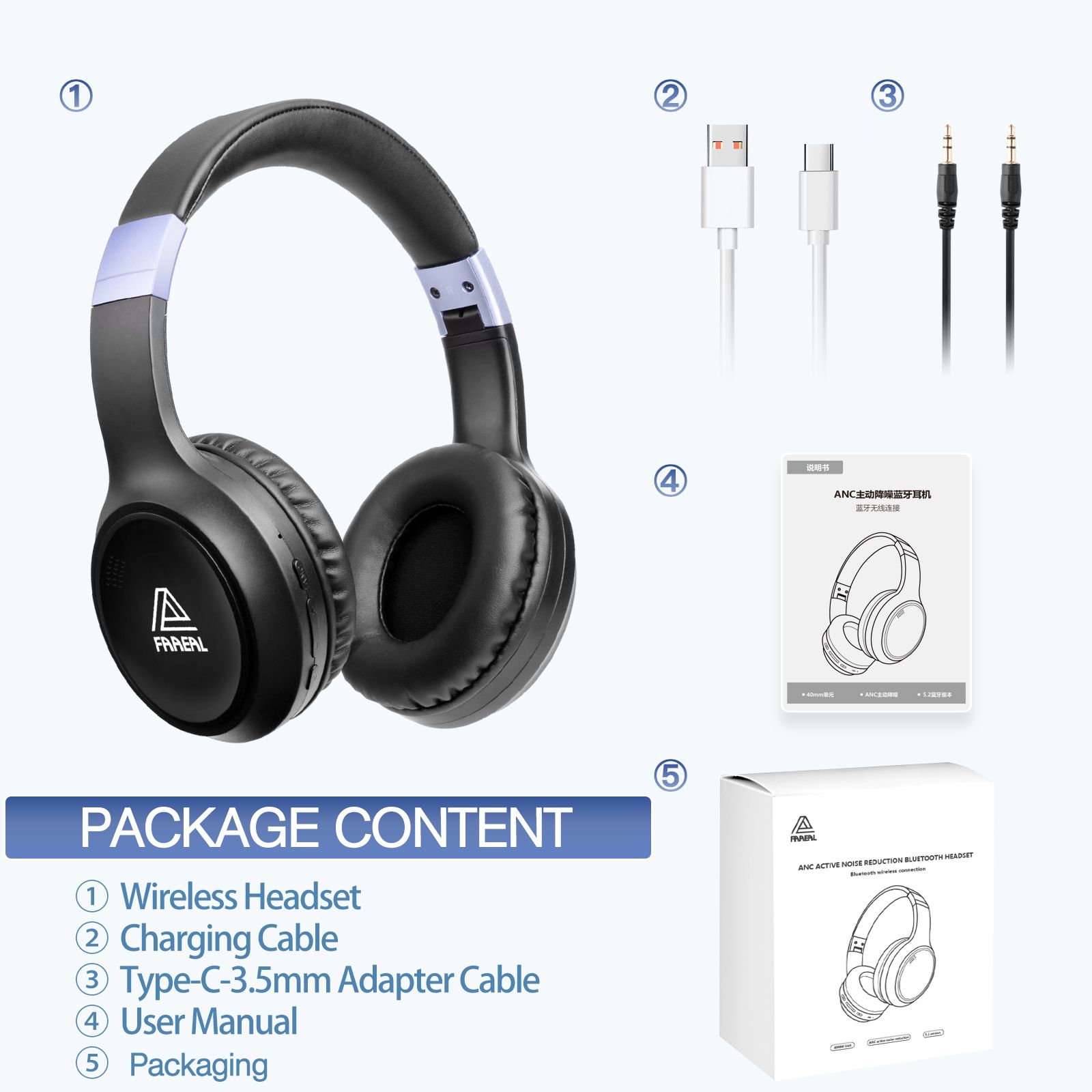 FAAEAL Head-mounted Noise Canceling Headphones 40mm Oversized Unit Game Monitoring Headphones ANC Active Noise Reduction Bluetooth Headphone Bluetooth Headset Fast Charging Bluetooth Earphone With Mic