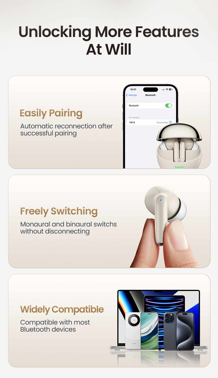 Toocki TWS Bluetooth Wireless Earphone Music Stereo Earbuds Bass Sound Bluetooth Headphones Sport Headset Bluetooth Earphones With Mic Charging Case Waterproof Noise Cancelling Earpods Gaming Earbuds