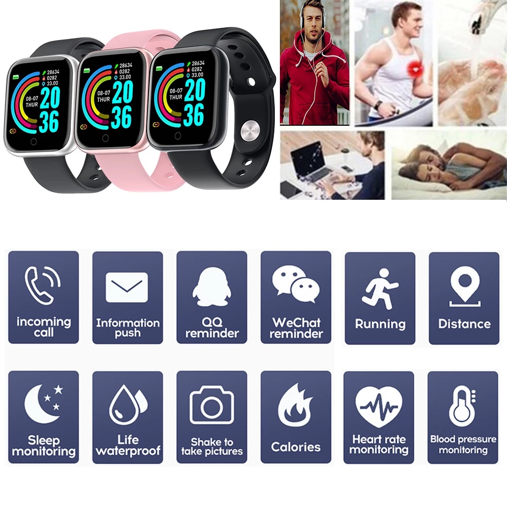 Health Monitor Bluetooth Smart Watch Y68 Men Women Sports Watches Smart Bracelet Fitness Tracker Steps Calories Bluetooth Wristwatch D20 Macaron Waterproof Smart watch For Kids Boys Girls Smartwatch