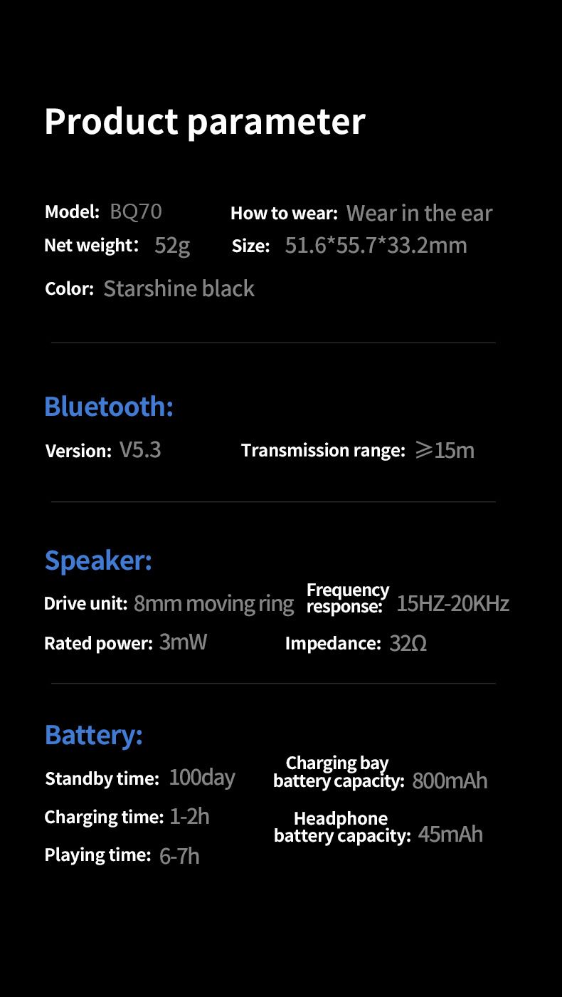 BQ70 wireless Bluetooth headset in-ear power digital display long battery life Bluetooth 5.3 pull-out tweeter slide cover Wireless Earbuds Bluetooth Earphone Bluetooth Headset Earpods For ios Andriod