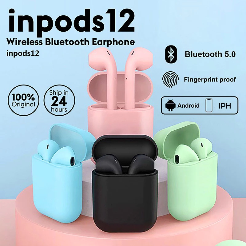 AloTech i12 inpods TWS Bluetooth Wireless Earphone 5.0 Stereo Sound Gaming Earbuds Bluetooth Headphone Run Sports Bluetooth Headset Wireless Earbuds iPhone Earpods Waterproof Touch Control Pods