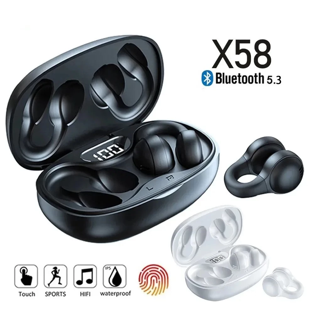 AloTech TWS X58 Wireless Bone Conduction Earphones Bluetooth 5.3 Headphones Waterproof Sports Earbuds Clip-on Earphones with Microphone Wireless Bluetooth Earphone Gaming Headset Wireless Earpods Pods