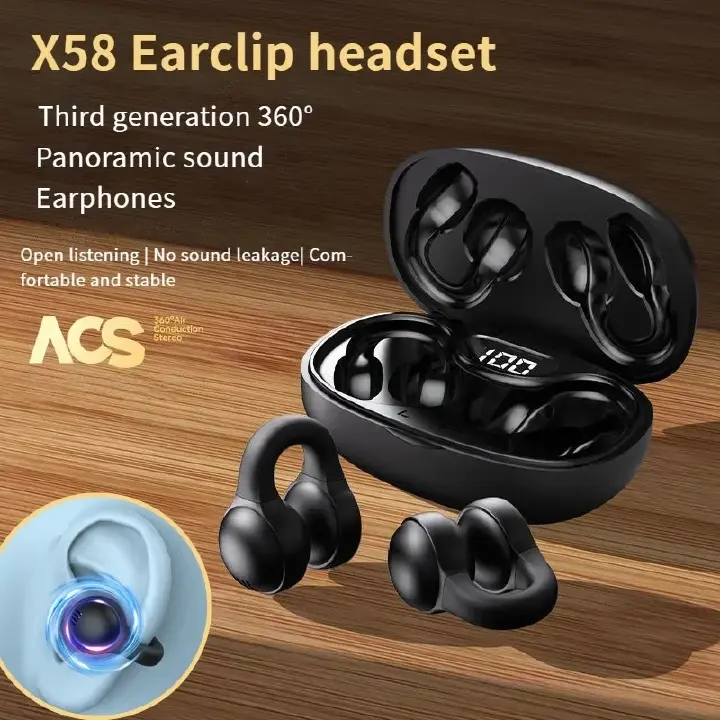 AloTech TWS X58 Wireless Bone Conduction Earphones Bluetooth 5.3 Headphones Waterproof Sports Earbuds Clip-on Earphones with Microphone Wireless Bluetooth Earphone Gaming Headset Wireless Earpods Pods