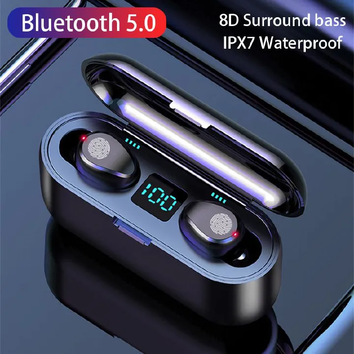AloTech Wireless Bluetooth Earphone TWS F9 Earbud With Large Battery LED Display Touch Control Earpods 9D Stereo Sports Headphone Gaming Headset Wireless Earphone Wireless Earbuds Bluetooth Headset