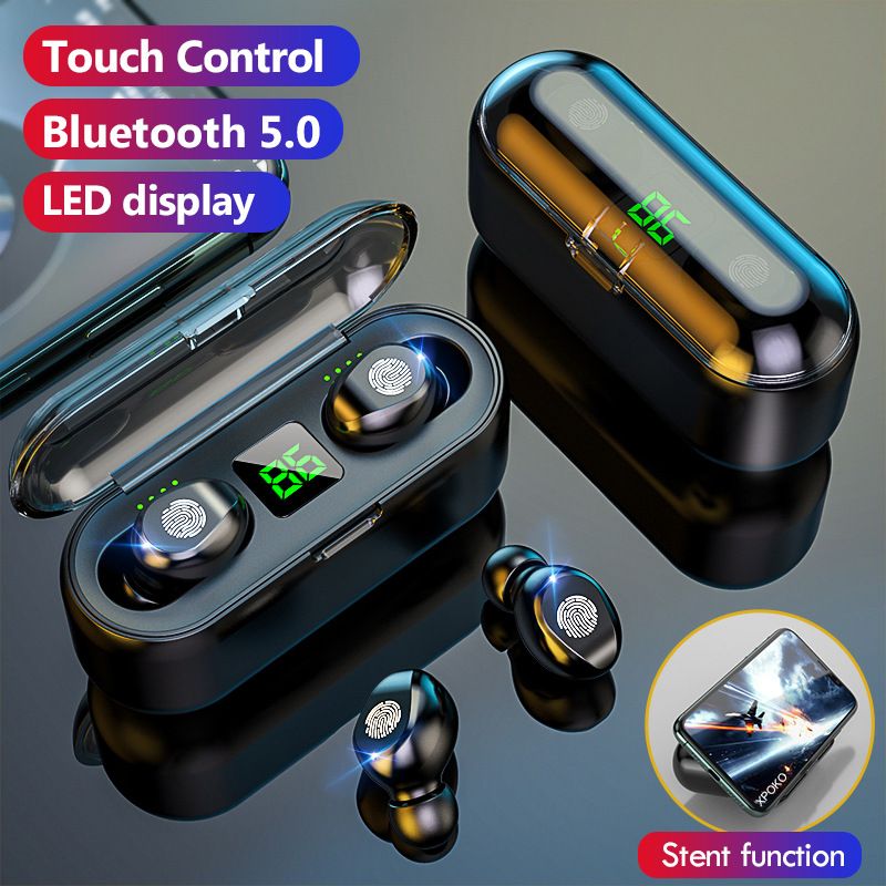 AloTech Wireless Bluetooth Earphone TWS F9 Earbud With Large Battery LED Display Touch Control Earpods 9D Stereo Sports Headphone Gaming Headset Wireless Earphone Wireless Earbuds Bluetooth Headset