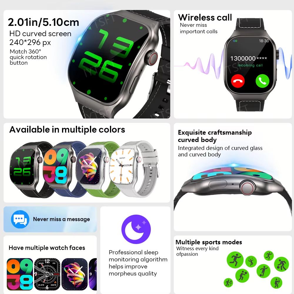 LAXASFIT New Bluetooth Call Smart Watch for Men 2.01" HD Curved Screen Sports Watch Health Monitor Sleep Heart Rate Monitoring Fitness Waterproof Smart Watch for Android iOS H7 Smart Watch For Women