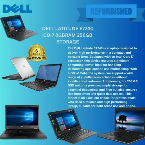 Dell LatitudeE7240 is a 12.5-inch Ultrabook with an Intel Core i7-4300U processor, 8GB of RAM, and a 256GB SSD. It runs Windows 10 Professional. The laptop also features an HD anti-glare display, Wi