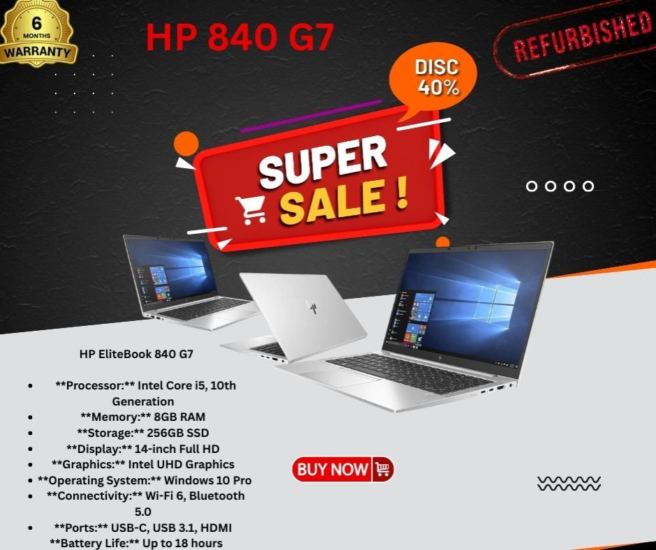 HP EliteBook 840 G7 Laptop | Intel Core i5 10th Gen | 8GB RAM | 256GB SSD | 14” FHD Display | Windows 10 Pro | Wi-Fi 6 | Long Battery Life | Business & Productivity