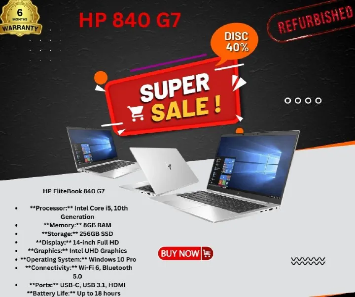 HP EliteBook 840 G7 Laptop | Intel Core i5 10th Gen | 8GB RAM | 256GB SSD | 14” FHD Display | Windows 10 Pro | Wi-Fi 6 | Long Battery Life | Business & Productivity