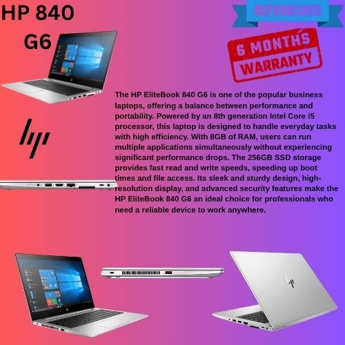 HP ELITEBOOK 840 G6 COI5 8TH GENERATION 8GBRAM 256GBSSD 
Use extra bullets in description for “Windows 10 Pro/11 Pro”, "Anti‑glare touchscreen (if applicable)", "Wi‑Fi 5/6", etc., matching