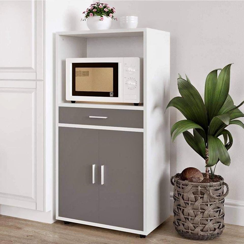 Microwave Stand with Drawer-Freestanding Kitchen Storage White and Gray
