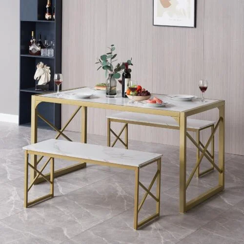 3-Piece Dining Sets with Benches, 43″/55″ Modern Industrial Kitchen Table Set for Dining Room 55″ – Gold
