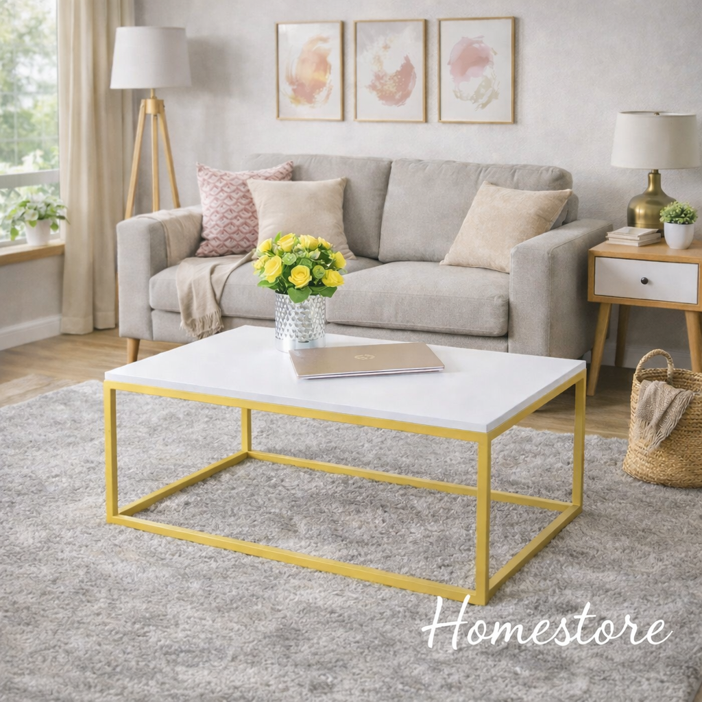 Felly Coffee Table – Modern White Top with Gold Frame