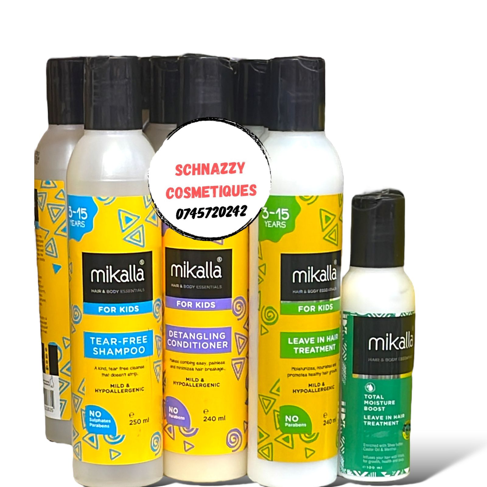 Mikalla Hair & Body Essentials. Conditioning Shampoo, Conditioner, Leave in Treatment, Mikalla Kids Tear free shampoo, Detangling Conditioner, Leave in Treatment