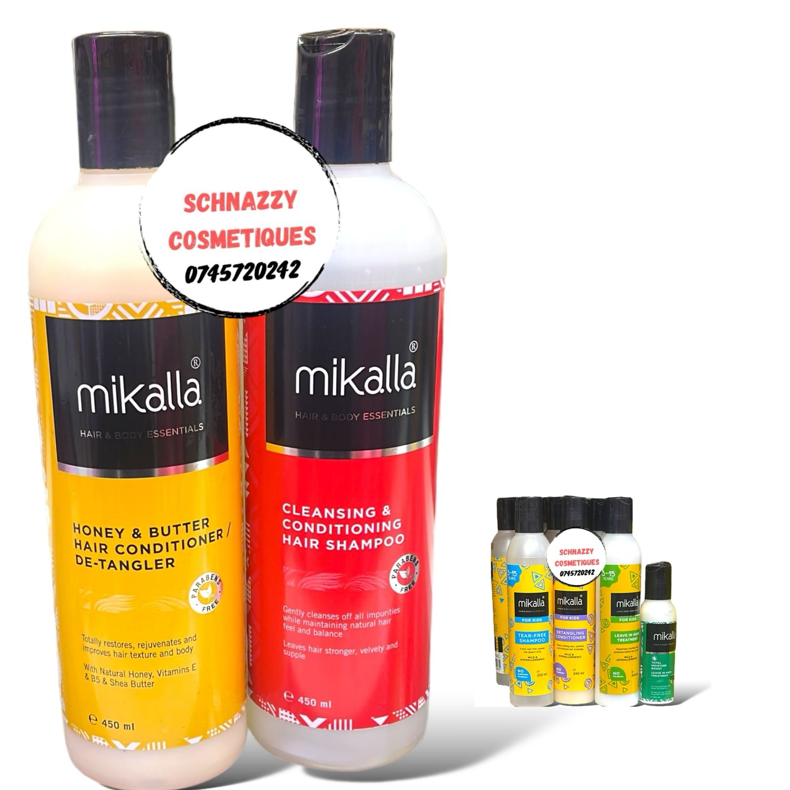 Mikalla Hair & Body Essentials. Conditioning Shampoo, Conditioner, Leave in Treatment, Mikalla Kids Tear free shampoo, Detangling Conditioner, Leave in Treatment