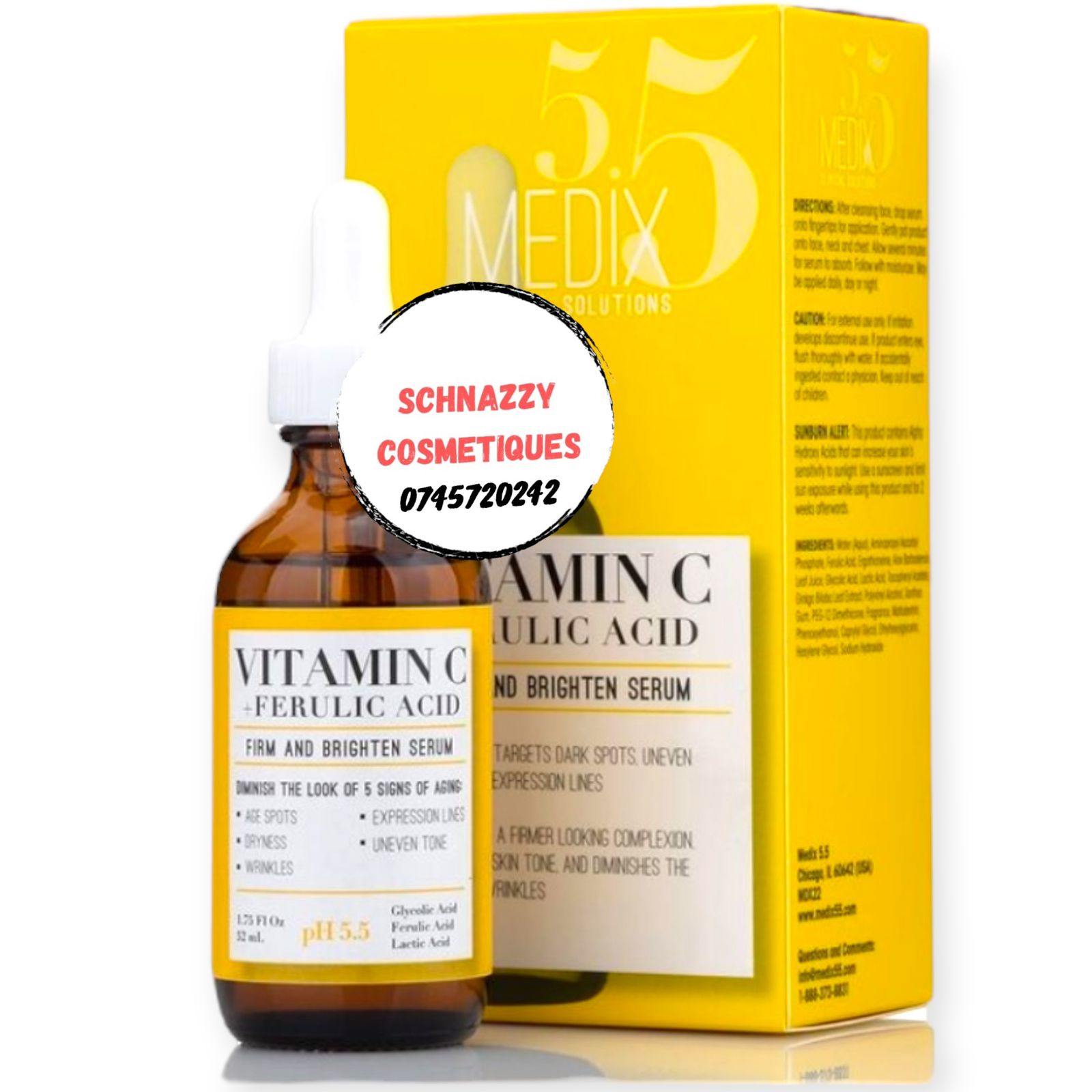 MEDIX 5.5 VITAMIN C + FERULIC ACID PH 5.5 Glycolic Acid Ferulic Acid Lactic Acid Firm and Brighten Complexion Skin Targets Dark Spots, Uneven Tone and Diminish Wrinkles or Fine lines