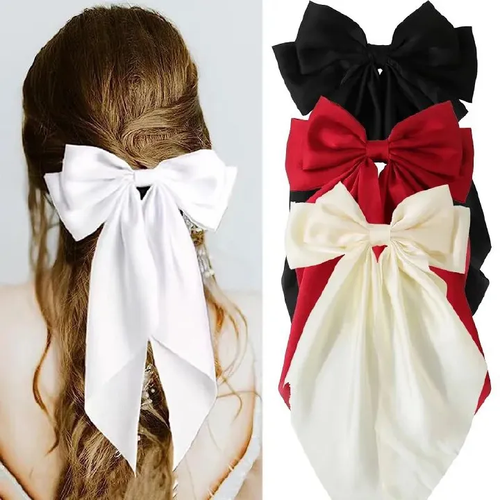 Big Bow Silk Satin Coquette Baddie Bow Knot Hair Clips for Women Trendy Hair Bow Large Sweet Barettes Bow French Barettes Hair Clips for Thick Thin Hair Grosgrain Bowknot Aesthetic Hair Ribbons