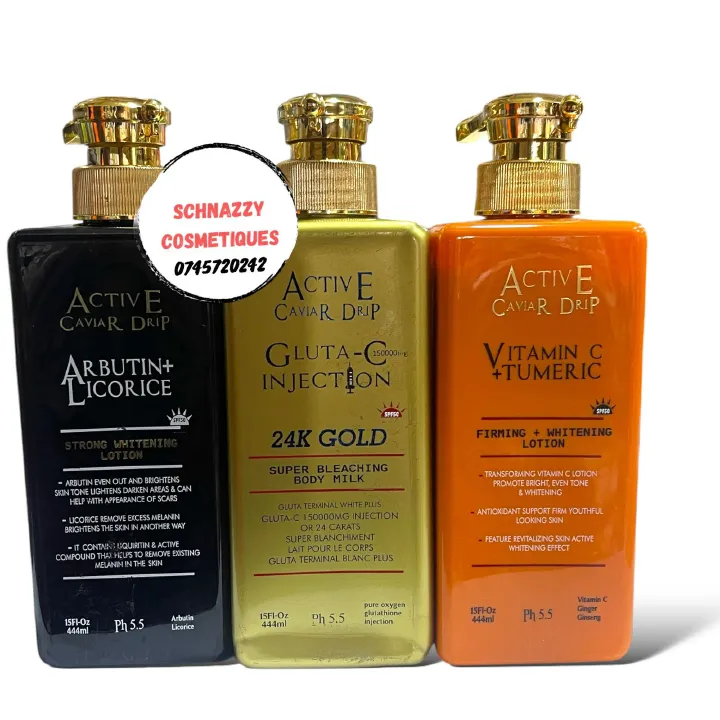 ACTIVE CAVIAR DRIP LOTION (1pc) Arbutin Licorice: Strong Whitening, 24K Gold Gluta C 150000mg: Bleaching Body Milk, Vitamin C Turmeric: Firming Whitening Lotion 444ml
