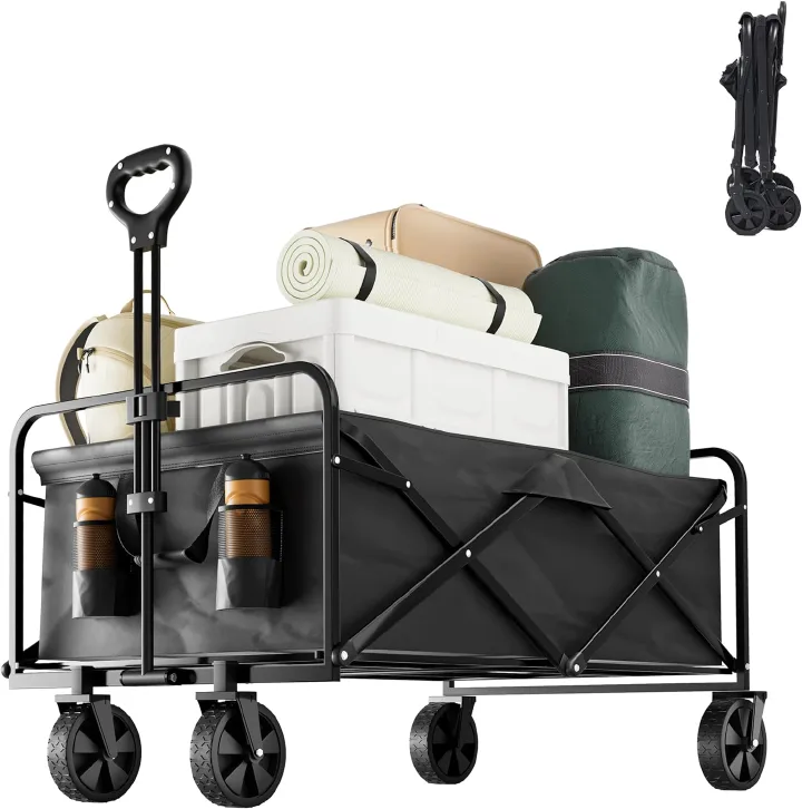 TinyTimes Collapsible Foldable Wagon, Heavy Duty Beach Cart, Folding Wagon Portable, Black Large Capacity Utility Wagon, Garden Cart with Adjustable Handle & Side Pocket for Shopping, Camping, Outdoor