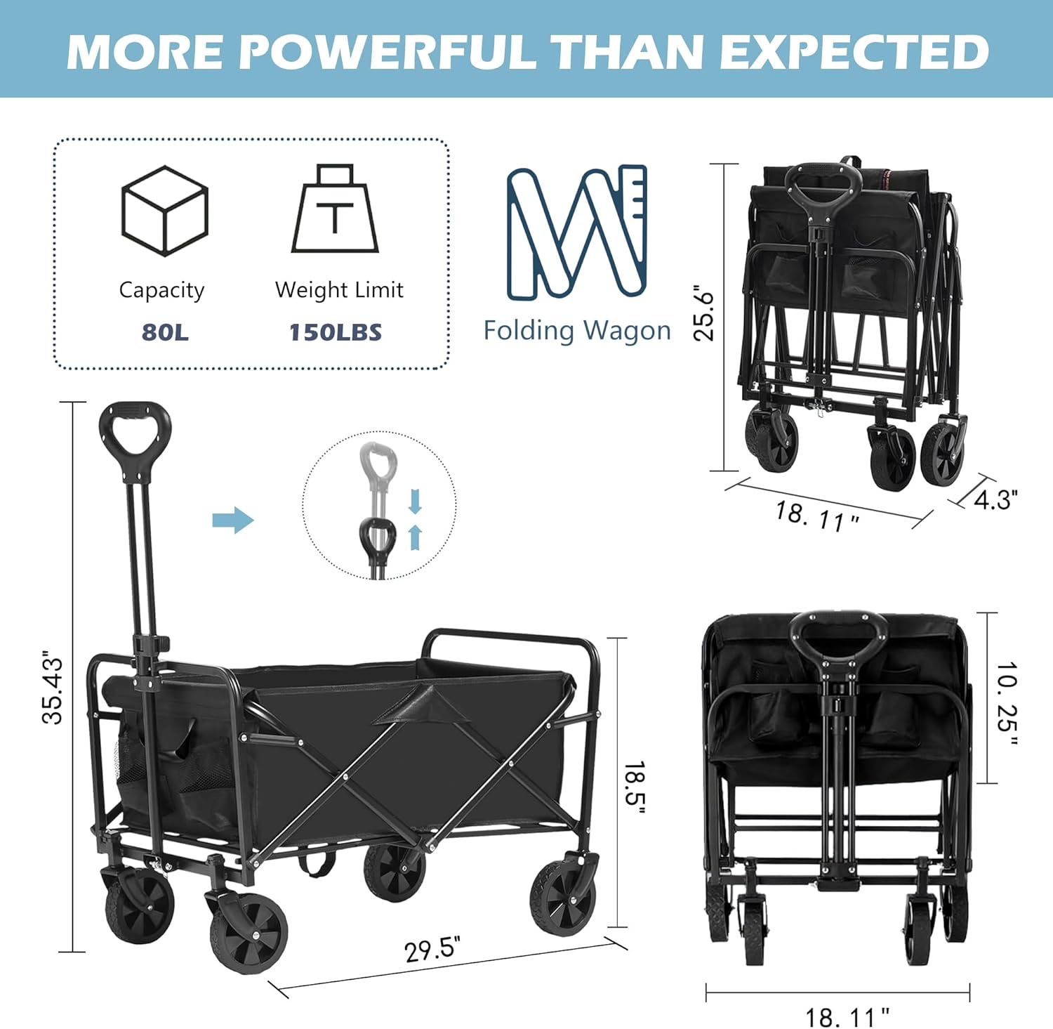 TinyTimes Collapsible Foldable Wagon, Heavy Duty Beach Cart, Folding Wagon Portable, Black Large Capacity Utility Wagon, Garden Cart with Adjustable Handle & Side Pocket for Shopping, Camping, Outdoor