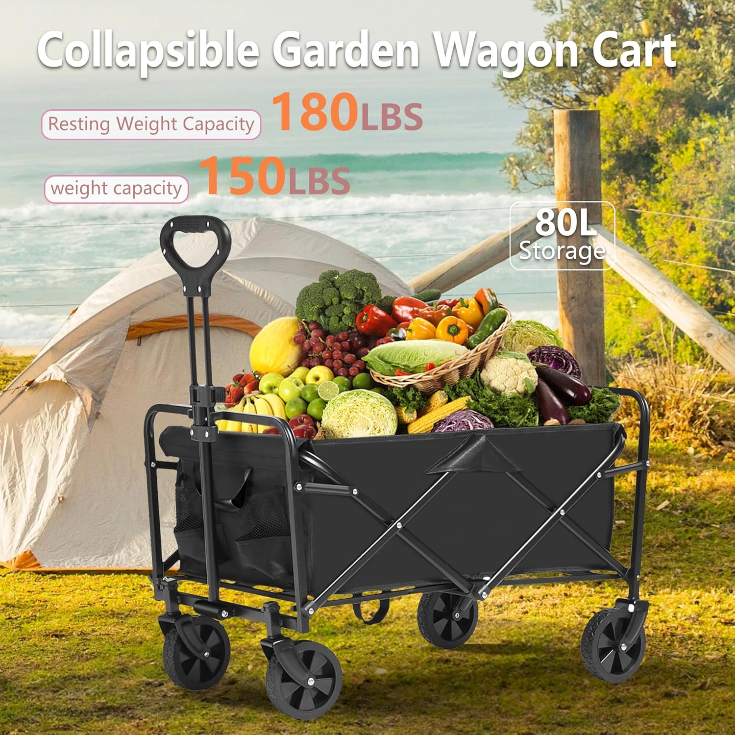 TinyTimes Collapsible Foldable Wagon, Heavy Duty Beach Cart, Folding Wagon Portable, Black Large Capacity Utility Wagon, Garden Cart with Adjustable Handle & Side Pocket for Shopping, Camping, Outdoor