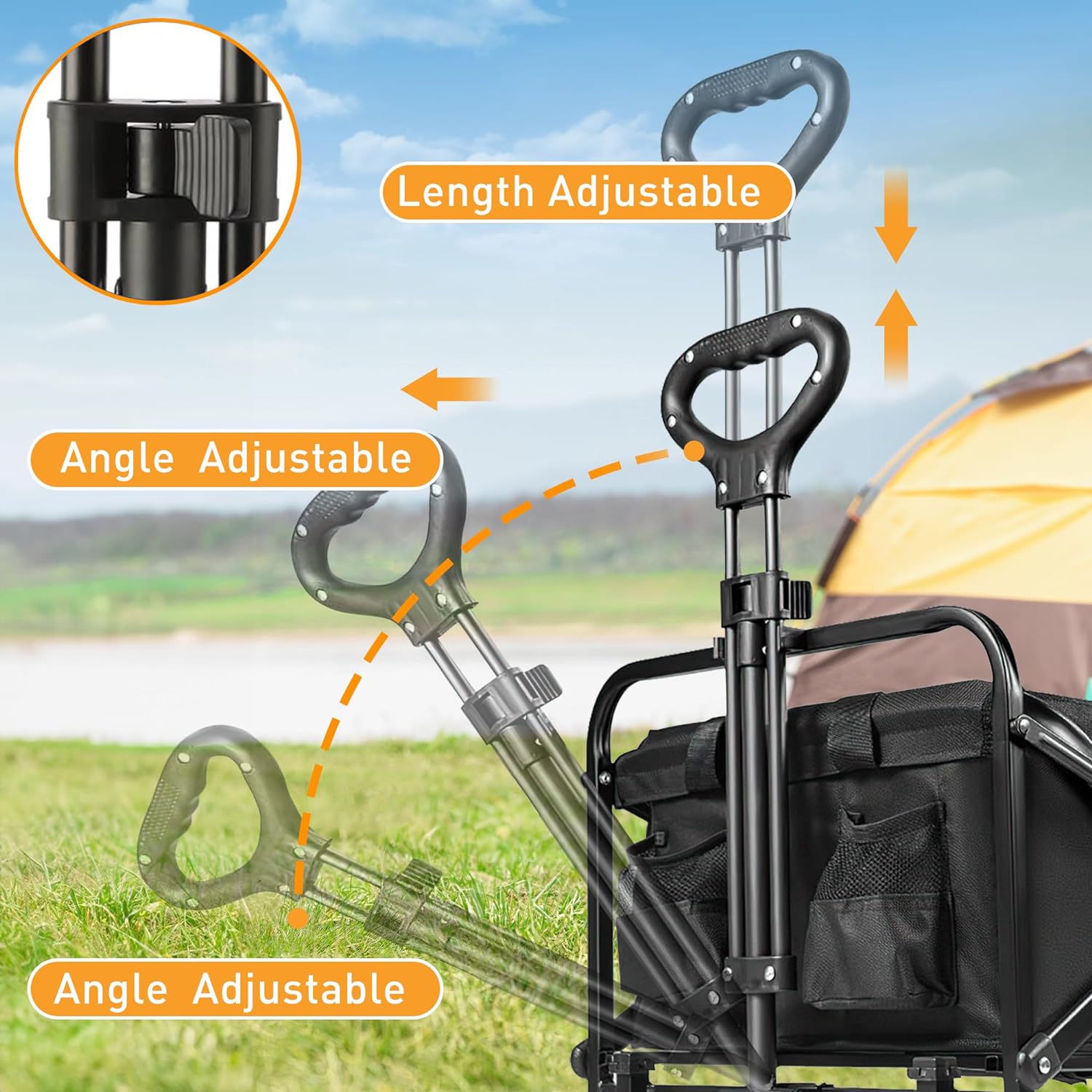 TinyTimes Collapsible Foldable Wagon, Heavy Duty Beach Cart, Folding Wagon Portable, Black Large Capacity Utility Wagon, Garden Cart with Adjustable Handle & Side Pocket for Shopping, Camping, Outdoor