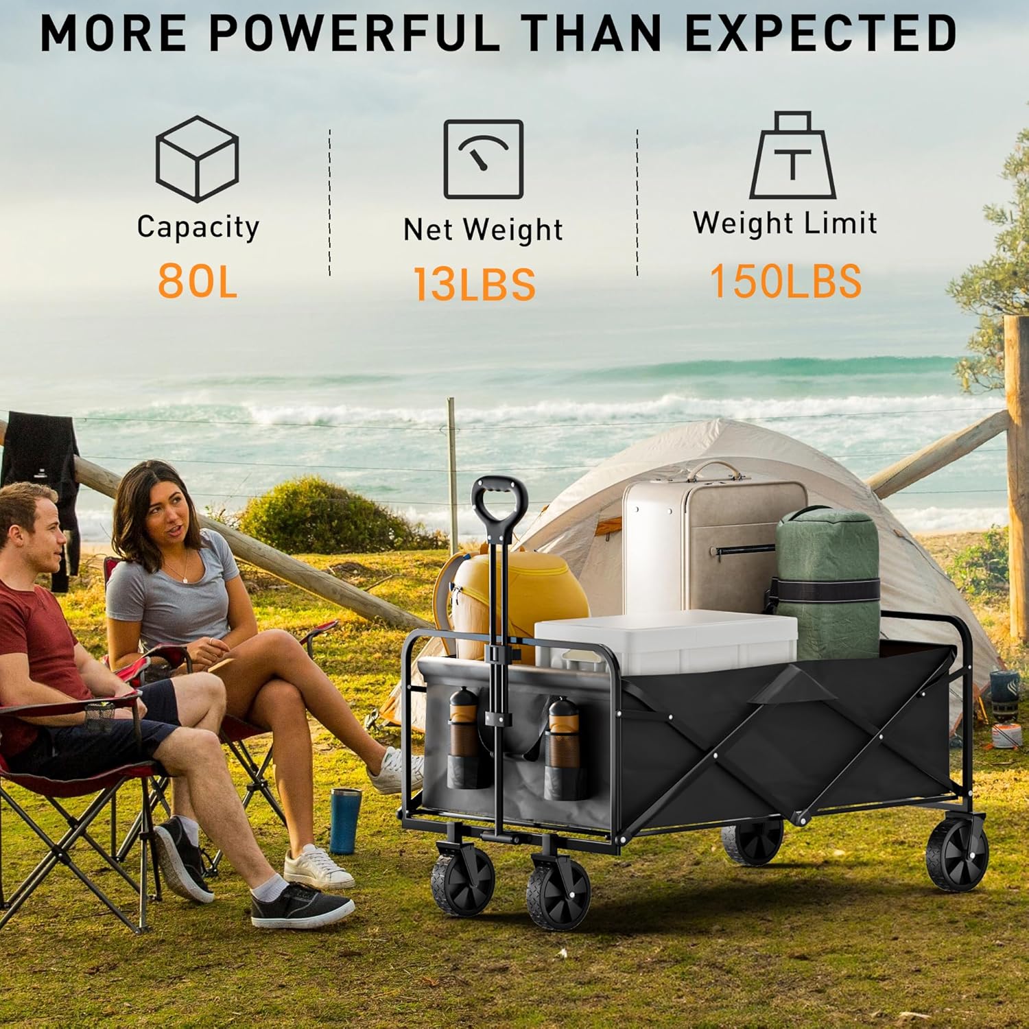 TinyTimes Collapsible Foldable Wagon, Heavy Duty Beach Cart, Folding Wagon Portable, Black Large Capacity Utility Wagon, Garden Cart with Adjustable Handle & Side Pocket for Shopping, Camping, Outdoor