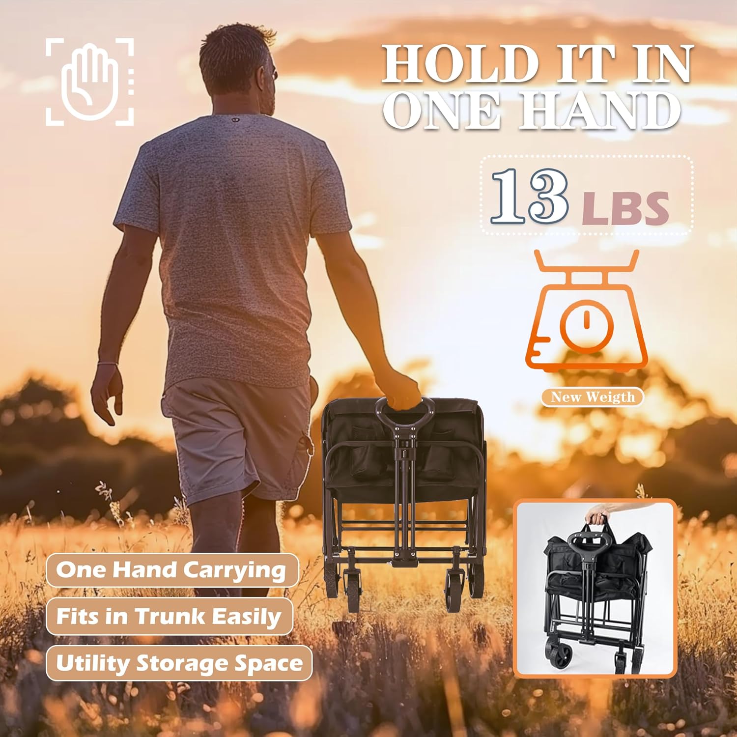 TinyTimes Collapsible Foldable Wagon, Heavy Duty Beach Cart, Folding Wagon Portable, Black Large Capacity Utility Wagon, Garden Cart with Adjustable Handle & Side Pocket for Shopping, Camping, Outdoor