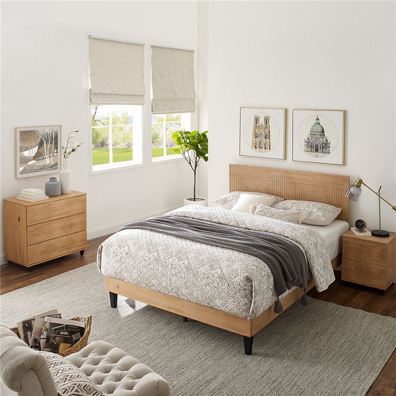 TinyTimes Mid Century Modern Solid Wood Platform Bed,King Size Bed Frame with Adjustable Height Headboard, Wood Slat Support Bed Frame, Bed Frame No Box Spring Needed