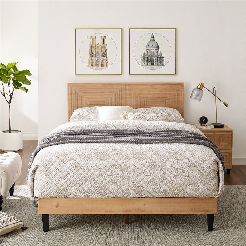 TinyTimes Mid Century Modern Solid Wood Platform Bed,King Size Bed Frame with Adjustable Height Headboard, Wood Slat Support Bed Frame, Bed Frame No Box Spring Needed