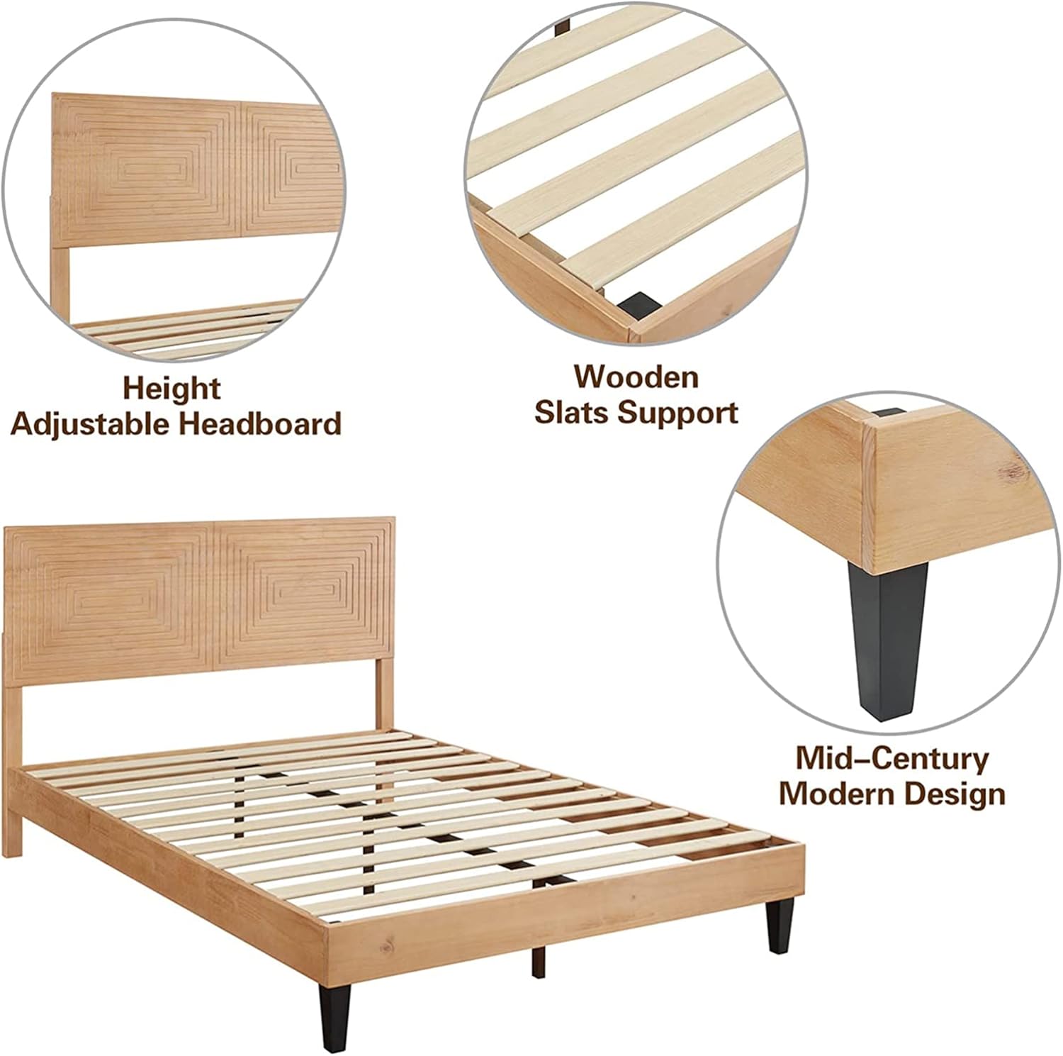 TinyTimes Mid Century Modern Solid Wood Platform Bed,King Size Bed Frame with Adjustable Height Headboard, Wood Slat Support Bed Frame, Bed Frame No Box Spring Needed