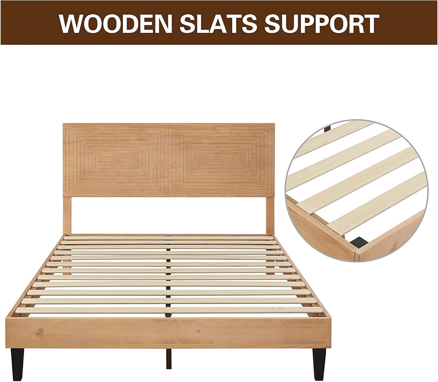 TinyTimes Mid Century Modern Solid Wood Platform Bed,King Size Bed Frame with Adjustable Height Headboard, Wood Slat Support Bed Frame, Bed Frame No Box Spring Needed
