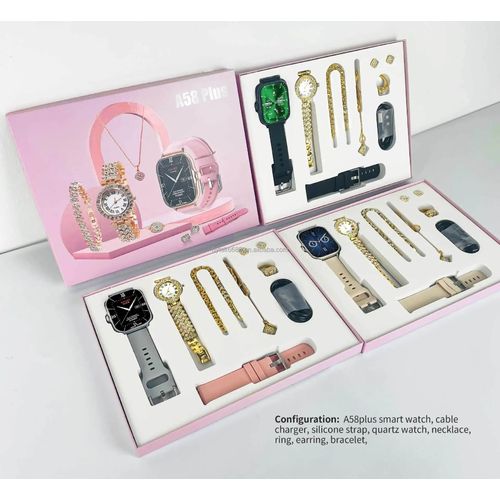 6 IN 1 Smart Watch A58 Plus with - Necklace -Earrings -Bracelet -Ring Luxury Gift Box For Women