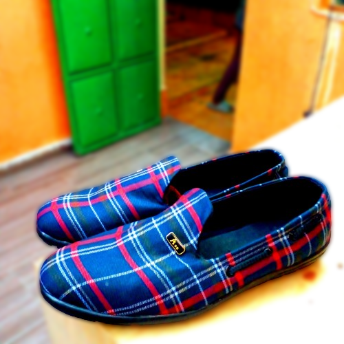 Lagos Walk Men's Ankara Loafers – Stylish African Print Slip-On Shoes for Formal & Casual Wear Blue checked