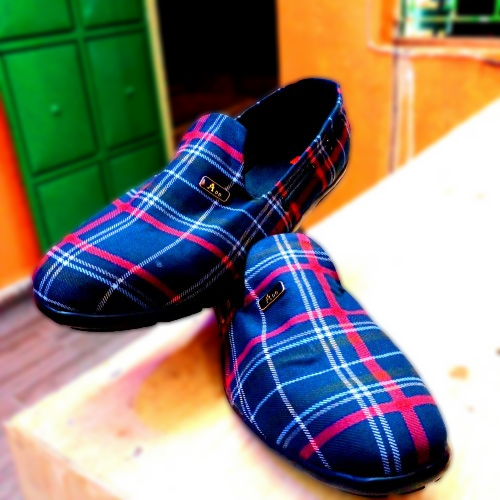 Lagos Walk Men's Ankara Loafers – Stylish African Print Slip-On Shoes for Formal & Casual Wear Blue checked