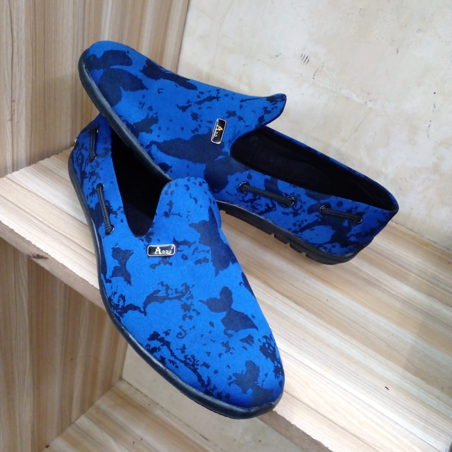 Men's Ankara Loafers – Stylish African Print Slip-On Shoes for Formal & Casual Wear Blue Patched