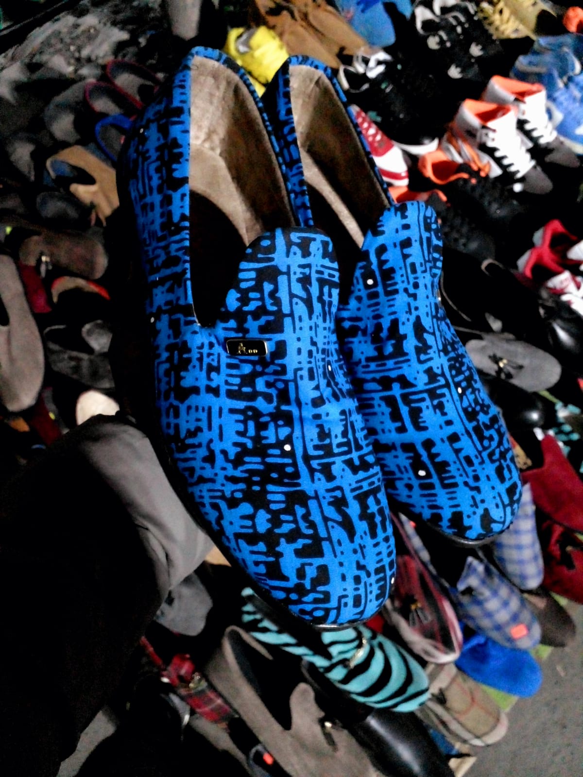 Men's Ankara Loafers – Stylish African Print Slip-On Shoes for Formal & Casual Wear Blue Patched.