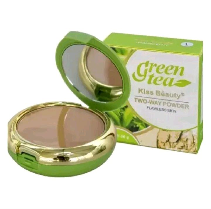 GREEN TEA TWO WAY POWDER. FOR ALL SKIN TYPES . FLAWLESS SKIN.  THE POWDER COMES WITH A FREE GIFT IF 38ML FOUNDATION.