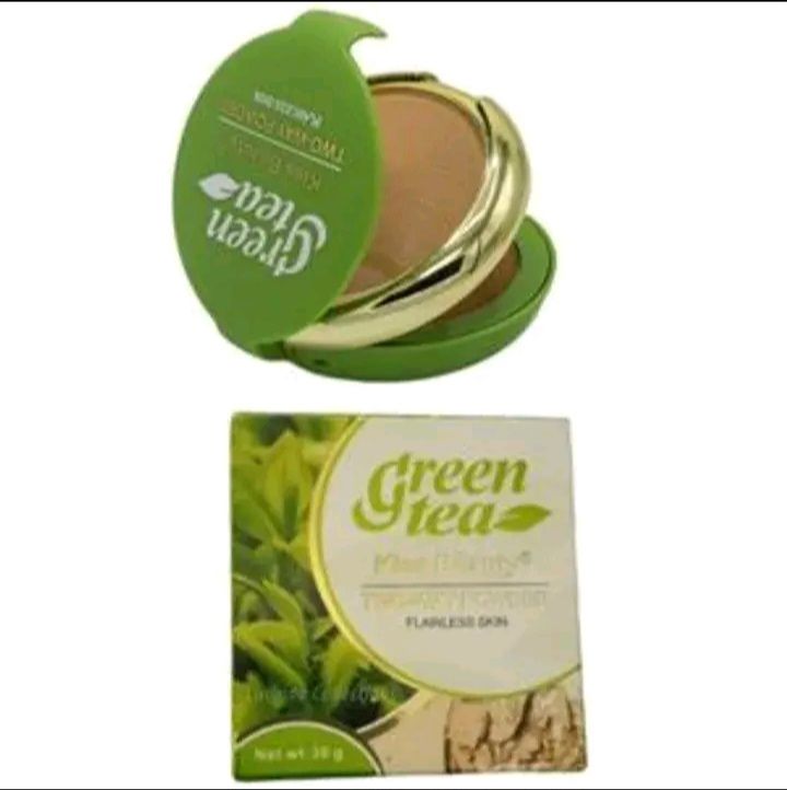 GREEN TEA TWO WAY POWDER. FOR ALL SKIN TYPES . FLAWLESS SKIN.  THE POWDER COMES WITH A FREE GIFT IF 38ML FOUNDATION.