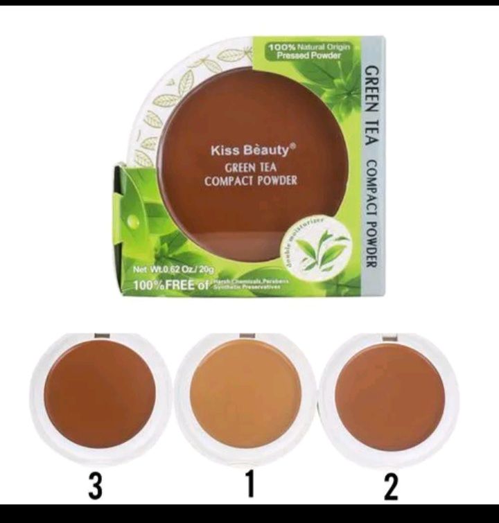 GREEN TEA TWO WAY POWDER. FOR ALL SKIN TYPES . FLAWLESS SKIN.  THE POWDER COMES WITH A FREE GIFT IF 38ML FOUNDATION.