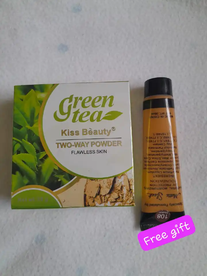 GREEN TEA TWO WAY POWDER. FOR ALL SKIN TYPES . FLAWLESS SKIN.  THE POWDER COMES WITH A FREE GIFT IF 38ML FOUNDATION.