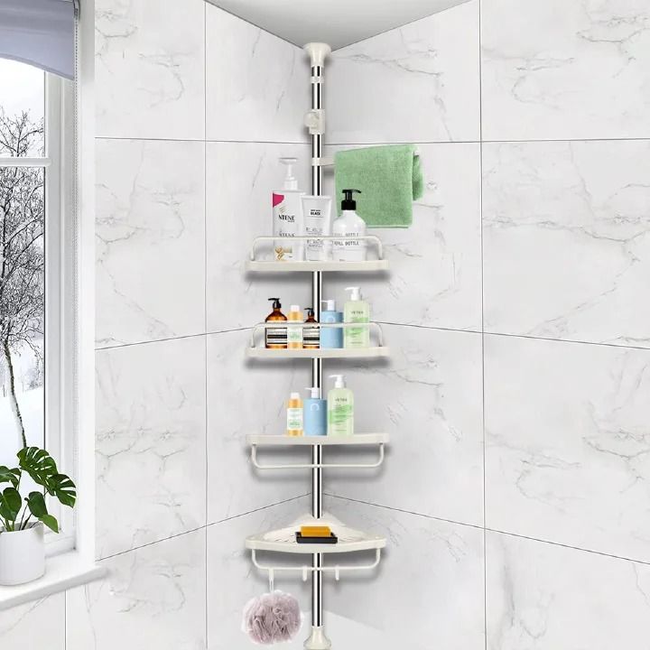 4 Layer Adjustable Rustproof Stainless Steel Bathroom Shower Organizer Bathtub Storage Holder Rack Shelves Hooks Rustproof Metal Rod For Storage Organizer Floor to Ceiling Extendable Height (Corner S