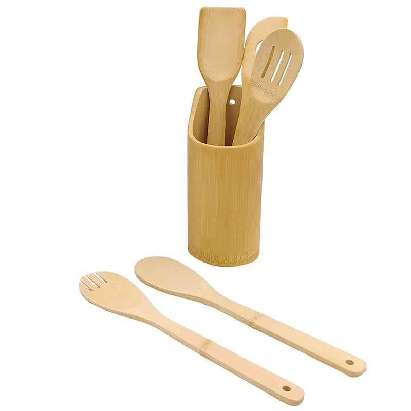 🎄🔥4pc bamboo cooking spoons + holder , mwiko set