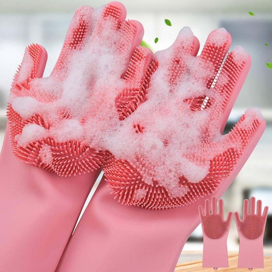 2PCS Silicone Washing Gloves - Reusable Dishwashing Gloves with Scrubber Pads, Non-Slip Grip, Heat Resistant & Waterproof for Kitchen Cleaning, Dishes, and Bathroom Scrubbing